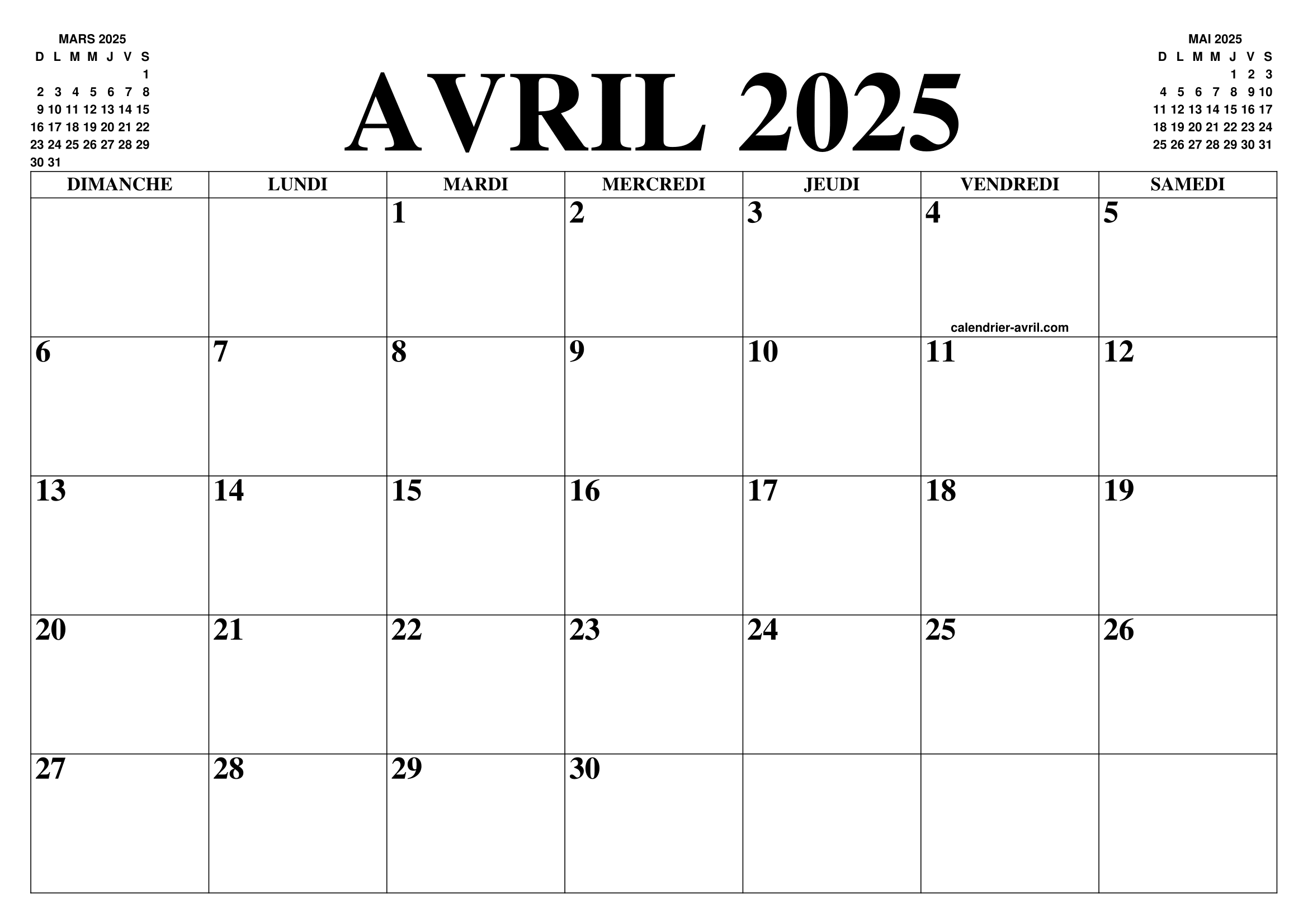 Calendrier Avril 2025 à Mars 2025 Gypsy Kellina